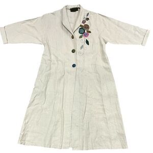 Elegant Cream Full Length Linen Coat with Floral Embroidery